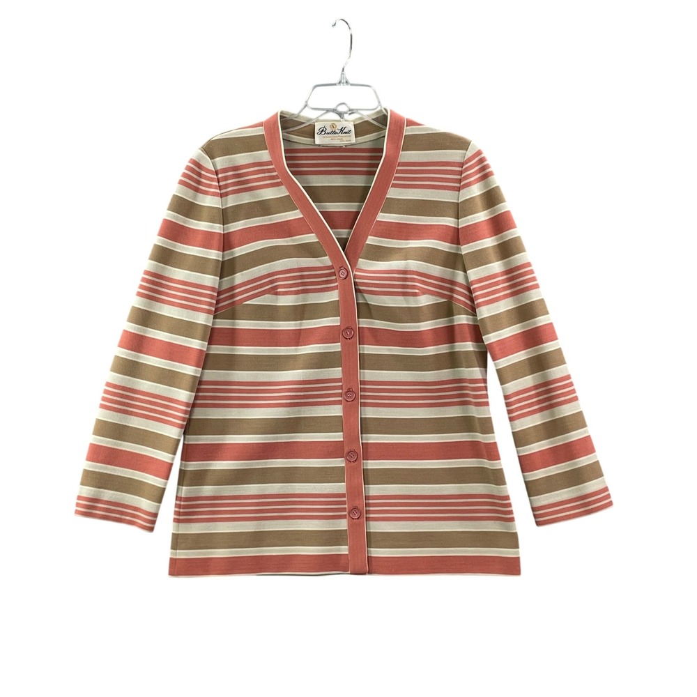 Butte Knit Cardigan Women Medium Pink Tan Striped Vintage Wool Blend V-Neck Top